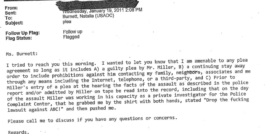 January 19, 2011 email to Assistant U.S. Attorney Natalia Burnett