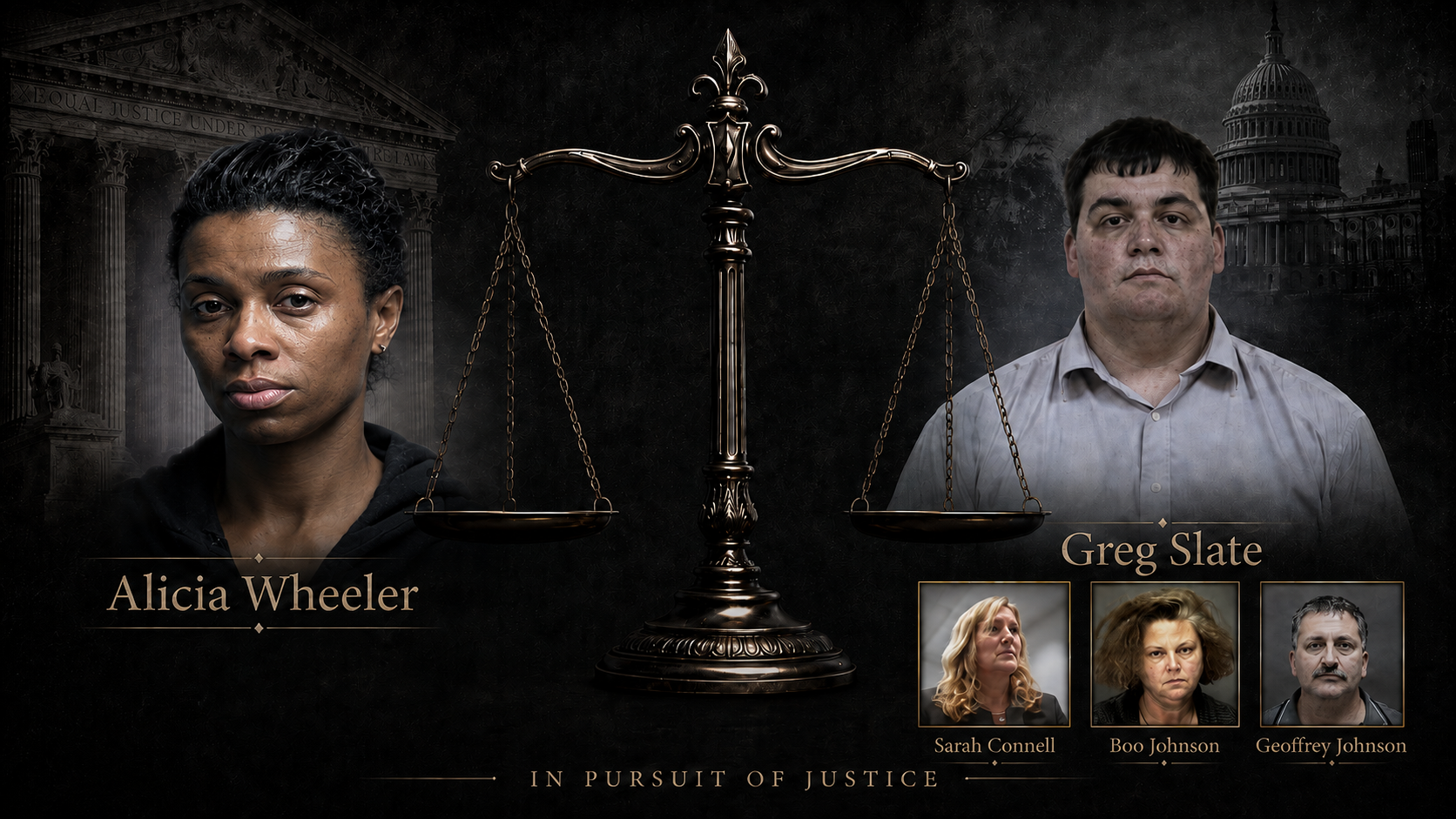 Scales of justice graphic contrasting Alicia Wheeler with Gregory Slate, Sarah Connell, Boo Johnson and Geoffrey Johnson